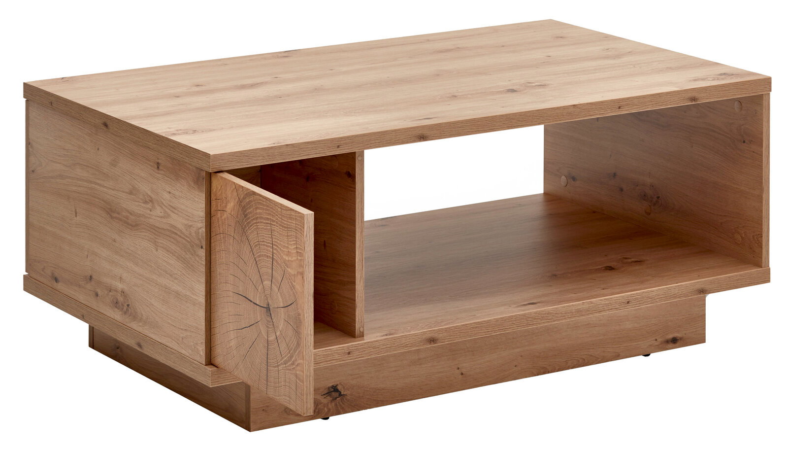 Zurbrüggen Couchtisch SYLT Moderner Couchtisch aus Holz mit offener Ablage und seitlicher Tür, Perspektive von vorne links