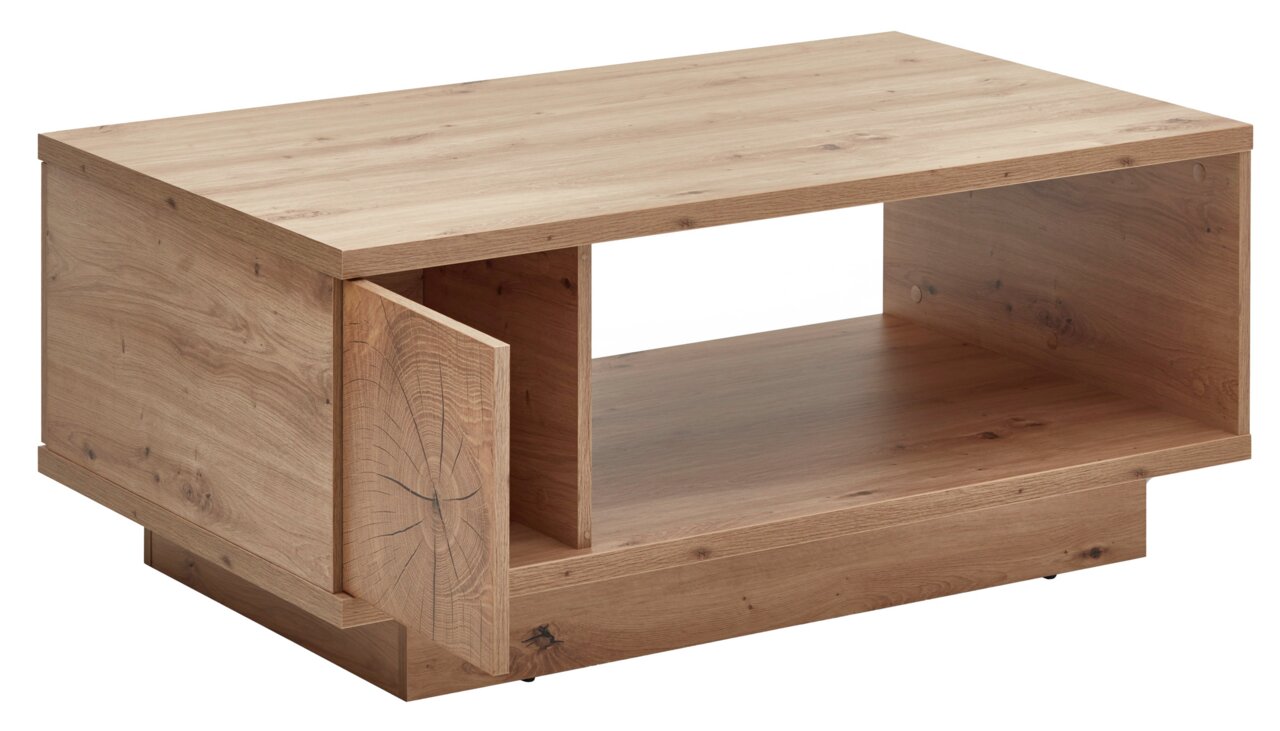 Moderner Couchtisch aus Holz mit offener Ablage und seitlicher Tür, Perspektive von vorne links