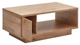 Moderner Couchtisch aus Holz mit offener Ablage und seitlicher Tür, Perspektive von vorne links
