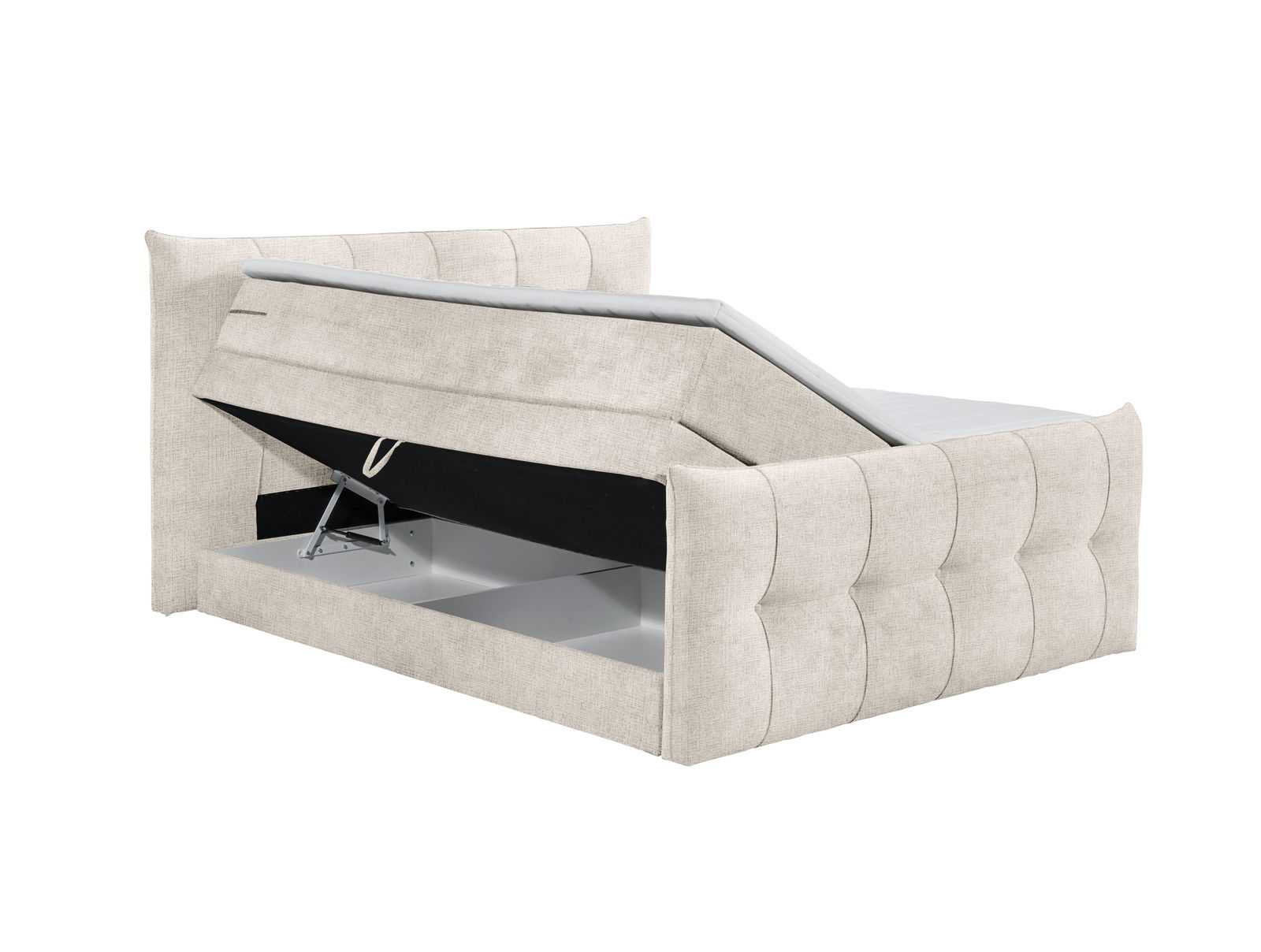 Boxspringbett mit Stauraum, seitliche Perspektive, hellgrauer Stoffbezug