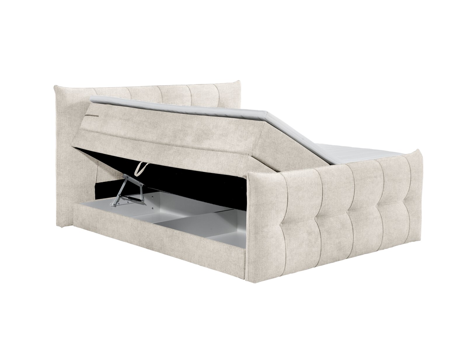 Boxspringbett mit Stauraum, seitliche Perspektive, hellgrauer Stoffbezug