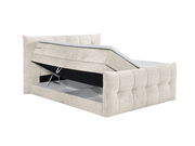 Boxspringbett mit Stauraum, seitliche Perspektive, hellgrauer Stoffbezug