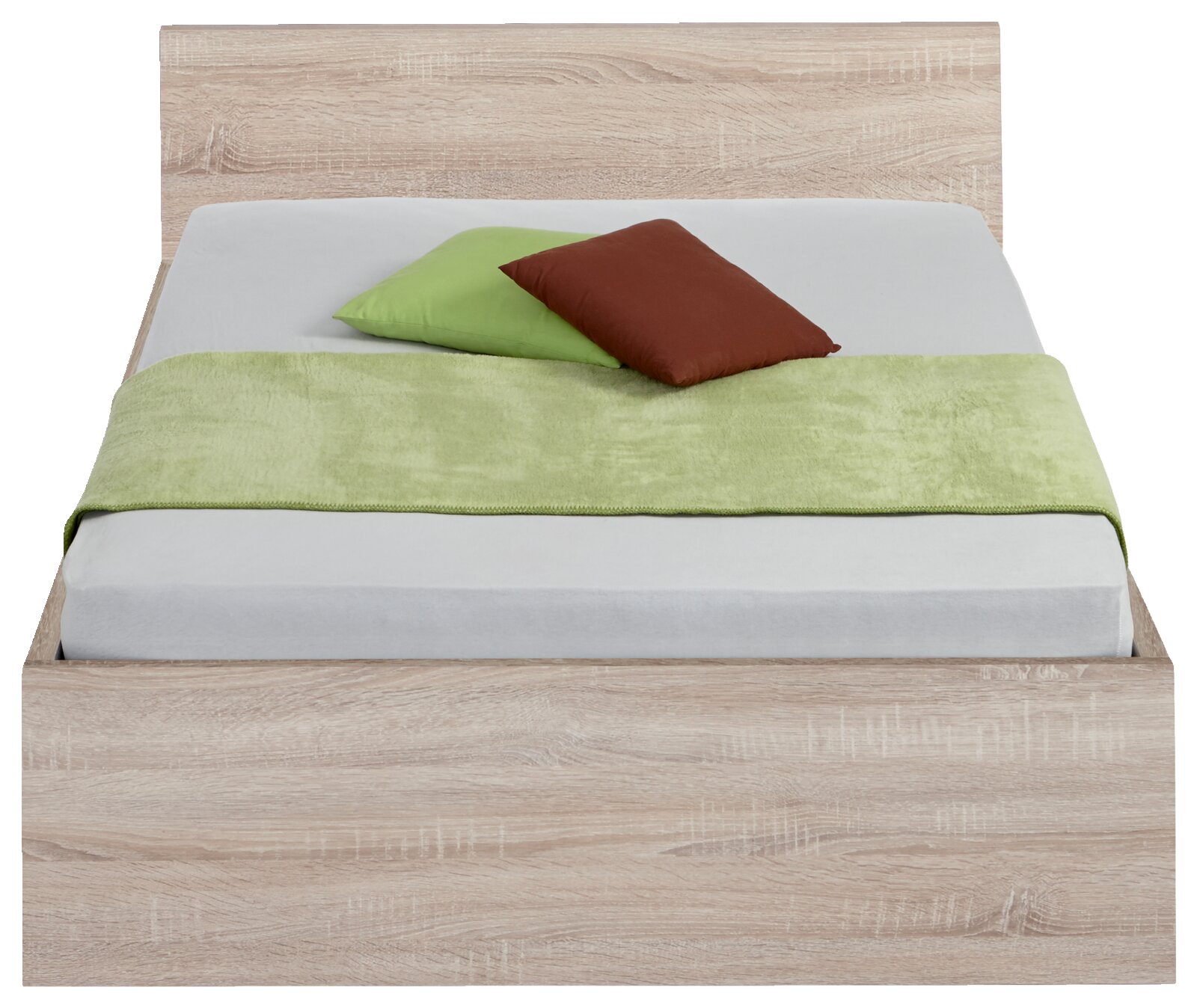 Frontale Ansicht eines Bettes der Serie MALMÖ mit hellem Holzrahmen, grüner Decke und zwei Kissen in Grün und Braun.