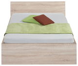 Frontale Ansicht eines Bettes der Serie MALMÖ mit hellem Holzrahmen, grüner Decke und zwei Kissen in Grün und Braun.