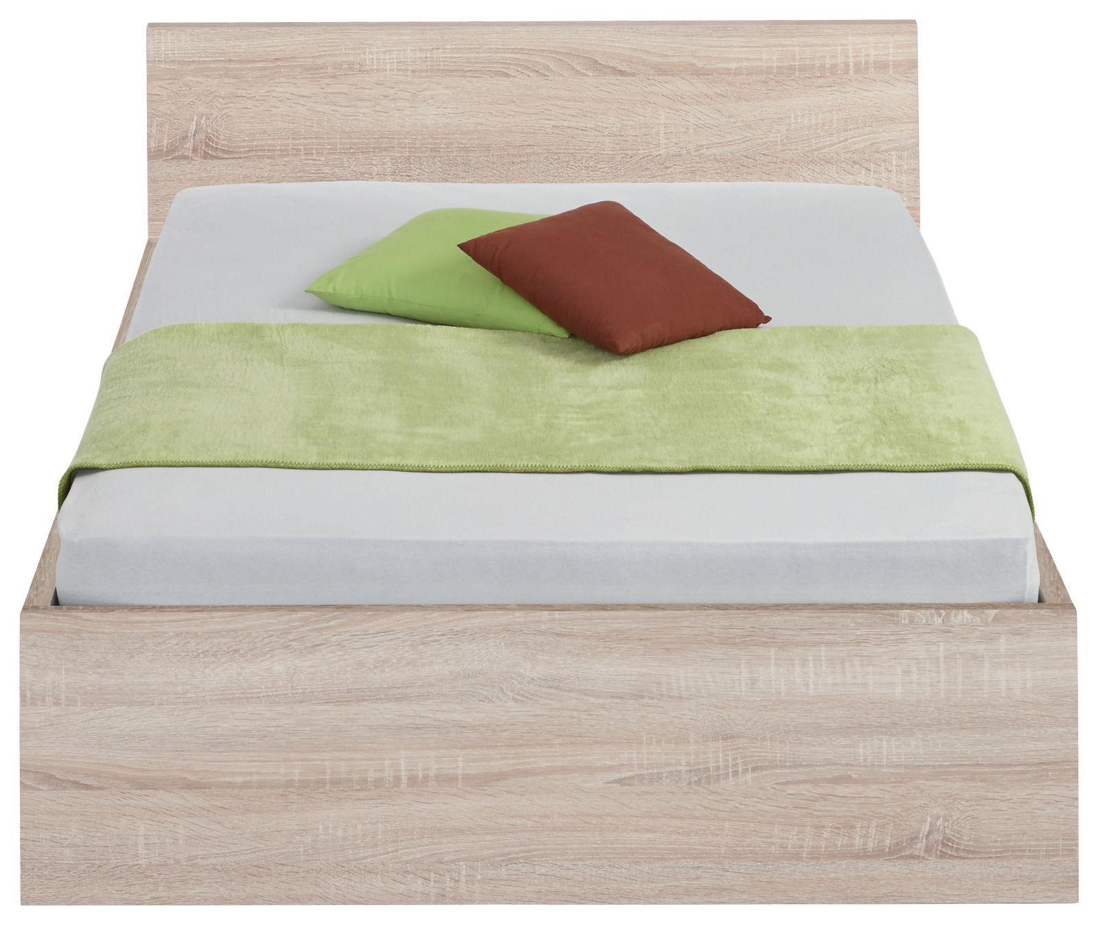 Frontale Ansicht eines Bettes der Serie MALMÖ mit hellem Holzrahmen, grüner Decke und zwei Kissen in Grün und Braun.