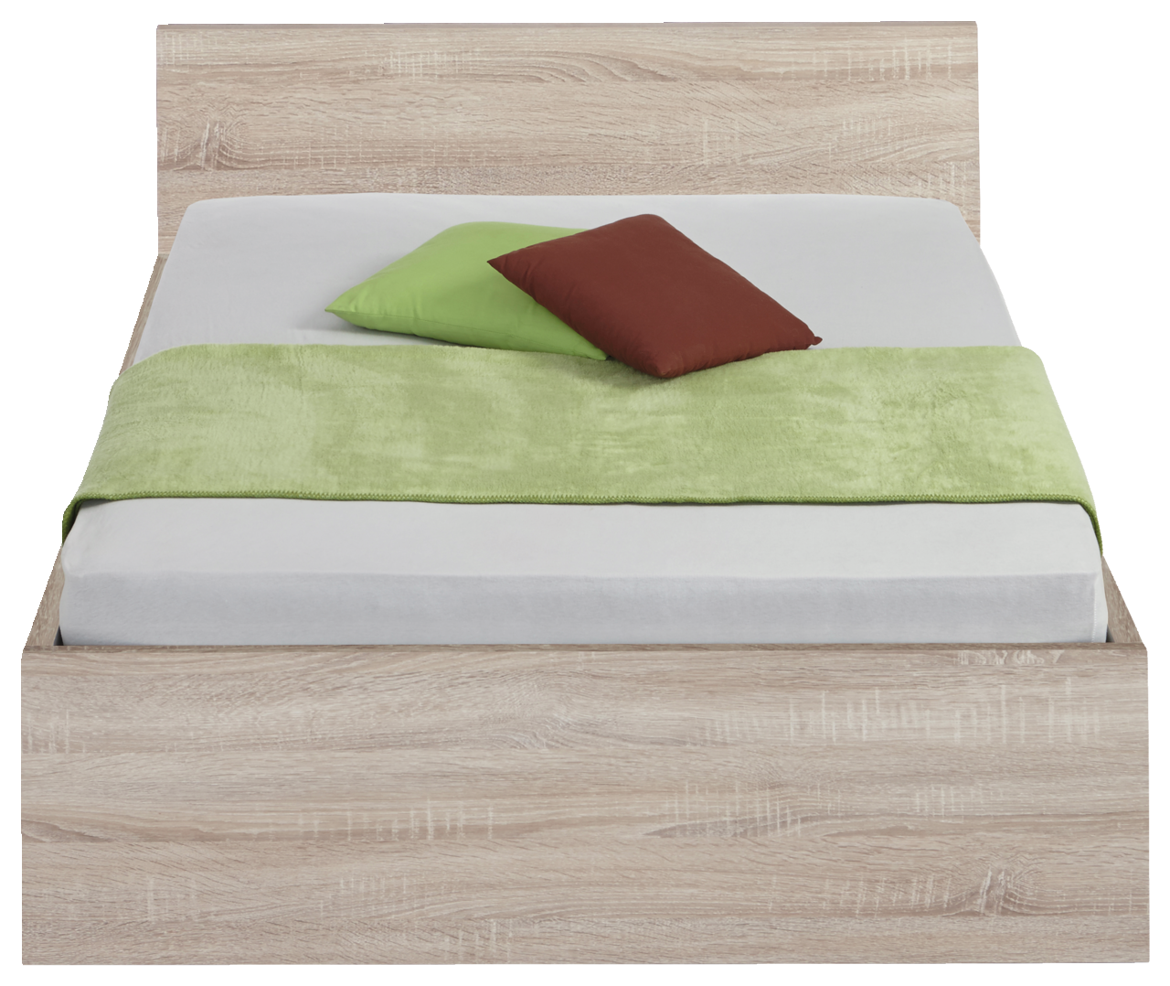 Z2 Bett MALMÖ Frontale Ansicht eines Bettes der Serie MALMÖ mit hellem Holzrahmen, grüner Decke und zwei Kissen in Grün und Braun.