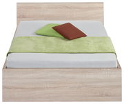 Frontale Ansicht eines Bettes der Serie MALMÖ mit hellem Holzrahmen, grüner Decke und zwei Kissen in Grün und Braun.