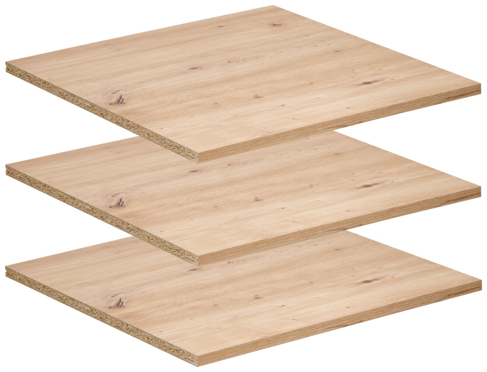 Drei rechteckige Spanplatten mit heller Holzdekor-Oberfläche und sichtbaren Kanten, schräg von oben in gestaffelter Anordnung dargestellt