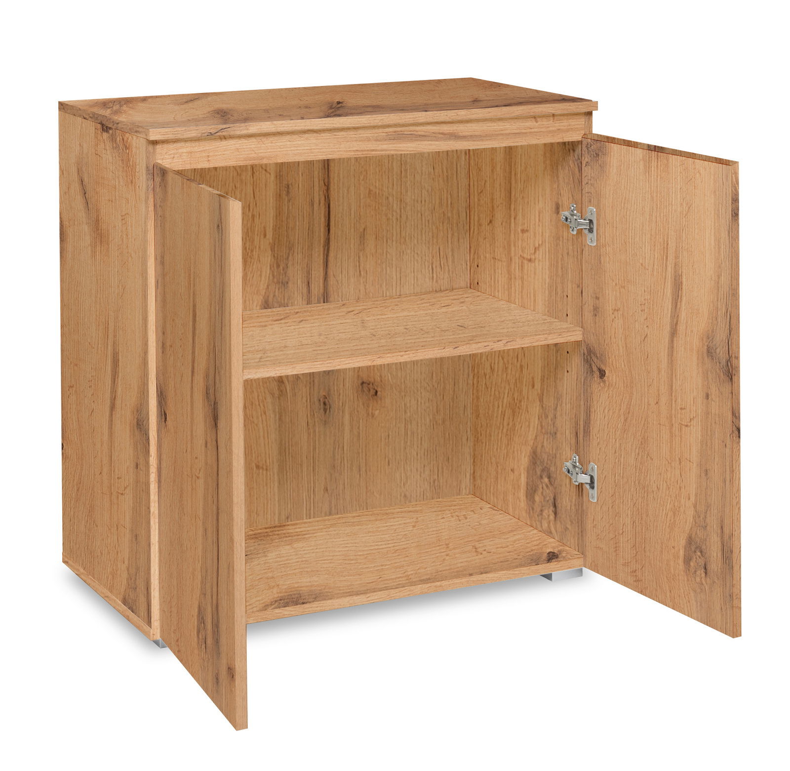 Holzkommode mit geöffneter Doppeltür, zeigt zwei Regalböden, Perspektive von vorne links