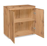 Holzkommode mit geöffneter Doppeltür, zeigt zwei Regalböden, Perspektive von vorne links