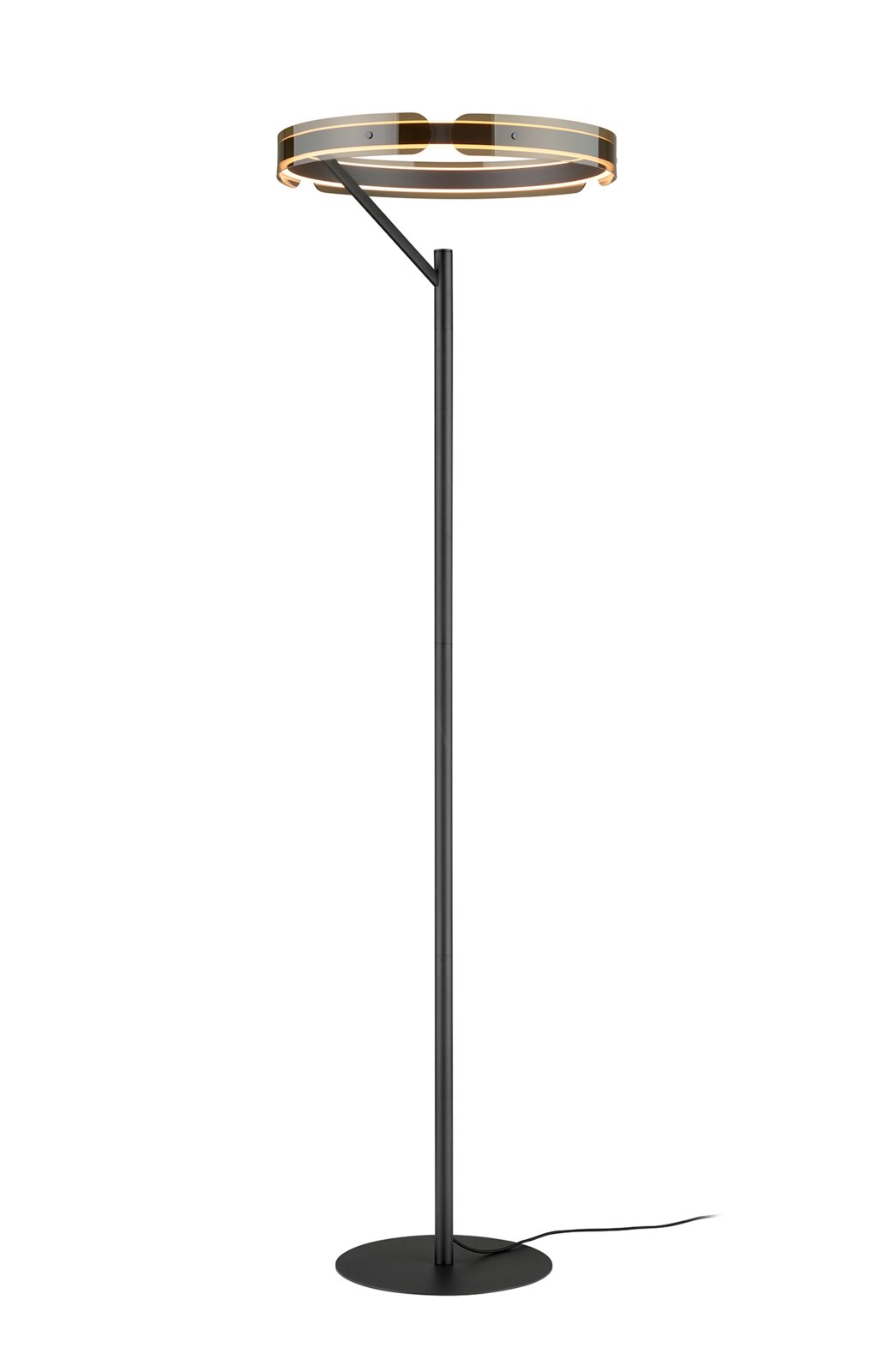 Moderne schwarze LED-Stehlampe mit rundem Ring-Lampenkopf und warmem Licht, schlanker Stange auf rundem Standfuß, freigestellt auf weißem Hintergrund, Frontansicht leicht von oben.