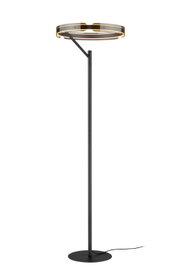 Moderne schwarze LED-Stehlampe mit rundem Ring-Lampenkopf und warmem Licht, schlanker Stange auf rundem Standfuß, freigestellt auf weißem Hintergrund, Frontansicht leicht von oben.