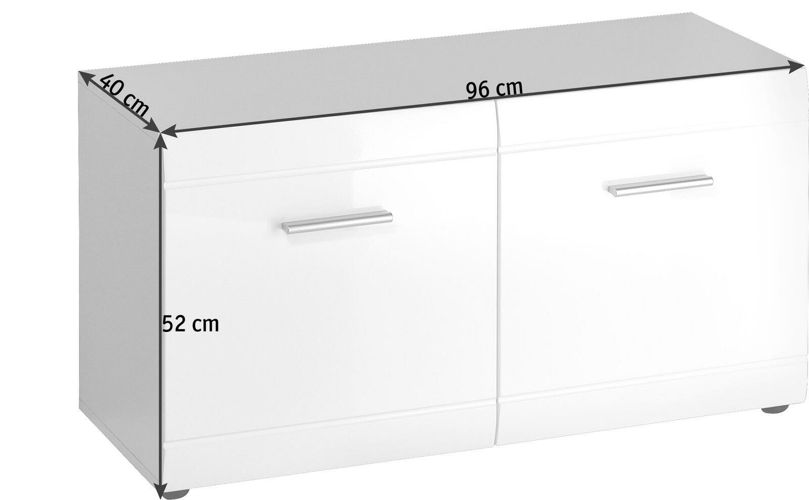Weiße Bank mit zwei Türen und silbernen Griffen, Maße 96 cm Breite, 40 cm Tiefe, 52 cm Höhe, seitliche Perspektive