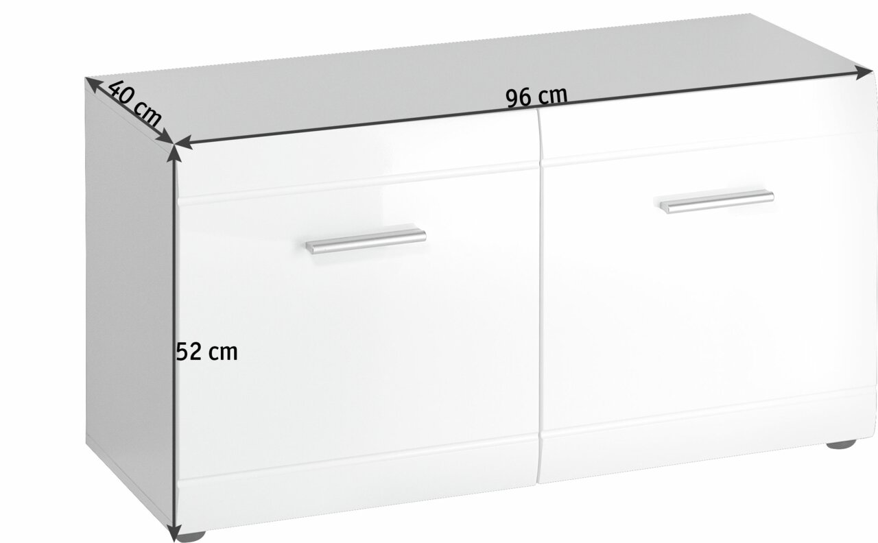Weiße Bank mit zwei Türen und silbernen Griffen, Maße 96 cm Breite, 40 cm Tiefe, 52 cm Höhe, seitliche Perspektive