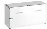Weiße Bank mit zwei Türen und silbernen Griffen, Maße 96 cm Breite, 40 cm Tiefe, 52 cm Höhe, seitliche Perspektive
