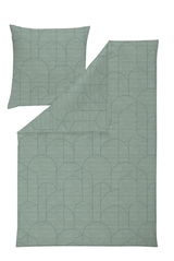 Bettwäsche-Set in Grün mit geometrischem Muster, bestehend aus einem Kissenbezug und einem Bettdeckenbezug, aus der Vogelperspektive fotografiert.