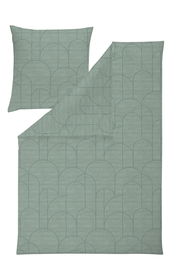 Bettwäsche-Set in Grün mit geometrischem Muster, bestehend aus einem Kissenbezug und einem Bettdeckenbezug, aus der Vogelperspektive fotografiert.
