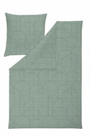 Bettwäsche-Set in Grün mit geometrischem Muster, bestehend aus einem Kissenbezug und einem Bettdeckenbezug, aus der Vogelperspektive fotografiert.