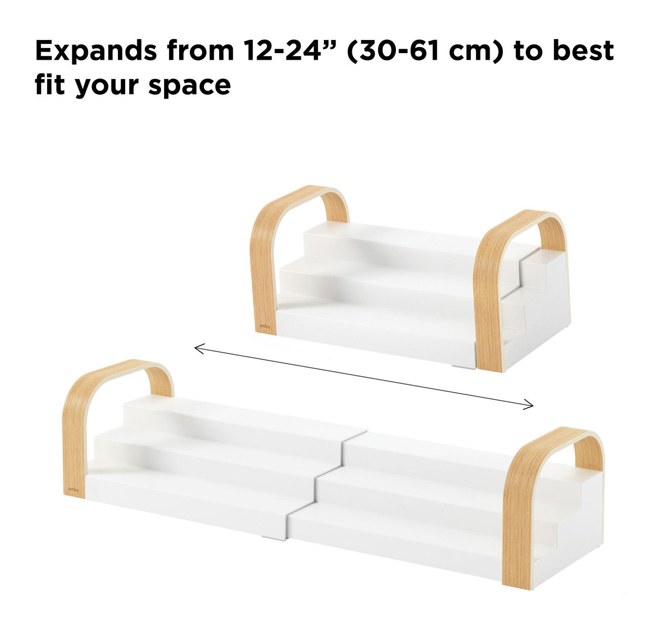 Erweiterbares 3-stufiges Gewürzregal mit Holzgriffen, Ansicht von der Seite.