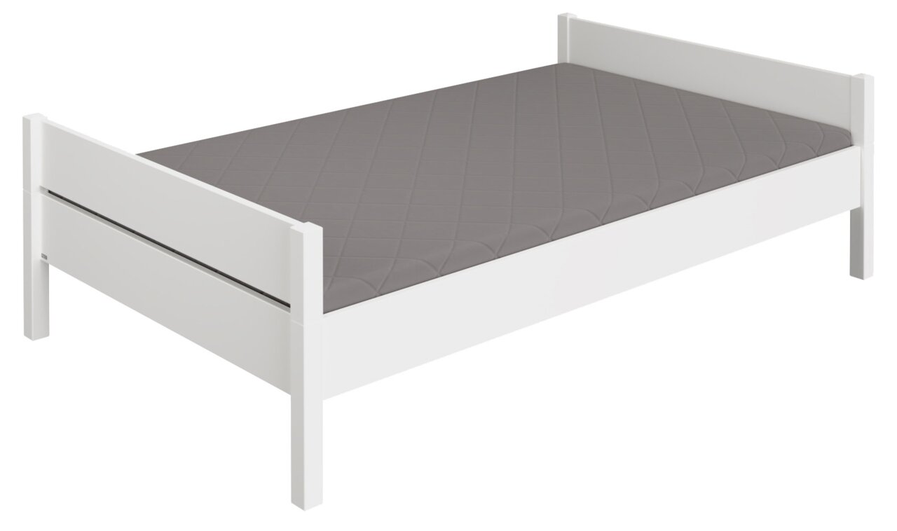 Weißes Einzelbett mit grauer Matratze, seitliche Perspektive