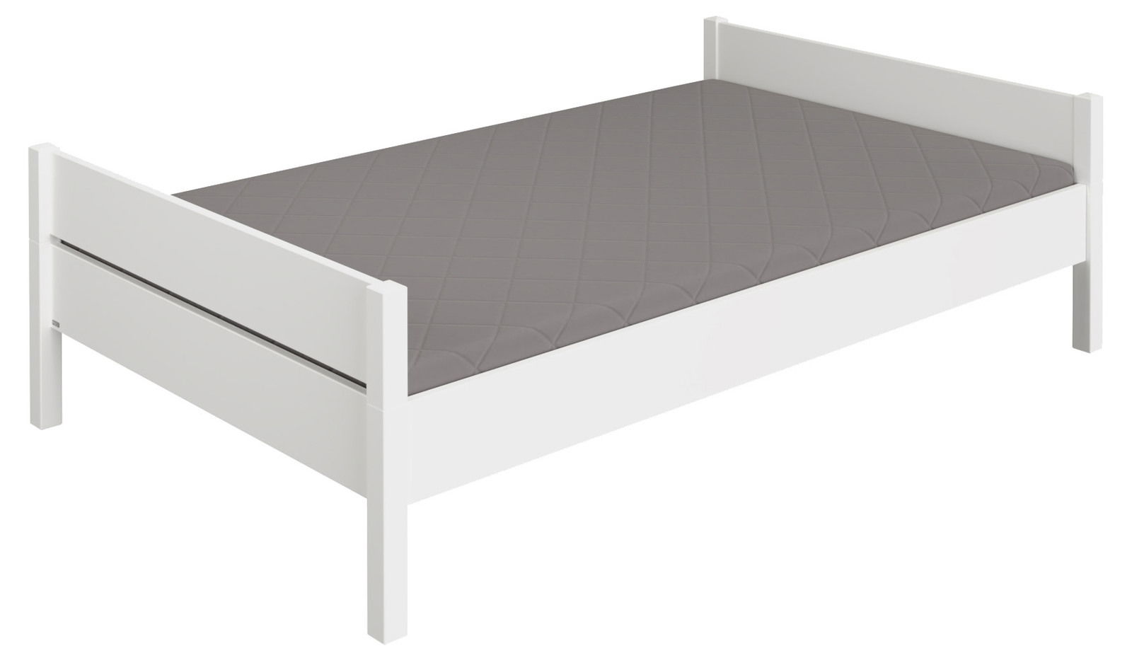 Weißes Einzelbett mit grauer Matratze, seitliche Perspektive