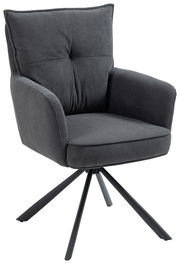 Grauer Sessel mit weichem Stoffbezug und schwarzem Metallgestell, seitliche Perspektive