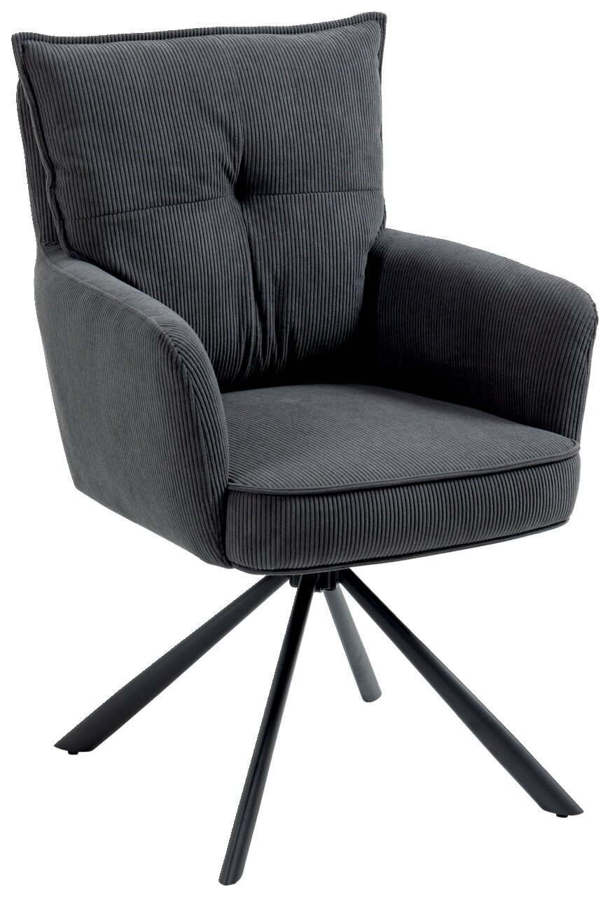 Grauer Sessel mit weichem Stoffbezug und schwarzem Metallgestell, seitliche Perspektive