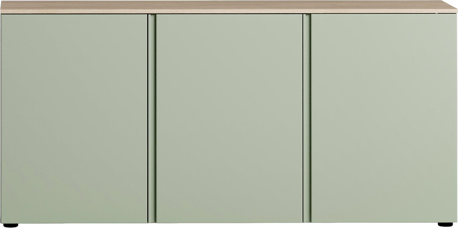 Modernes Sideboard in hellem Grün mit drei Türen, frontal betrachtet.
