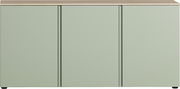 Modernes Sideboard in hellem Grün mit drei Türen, frontal betrachtet.