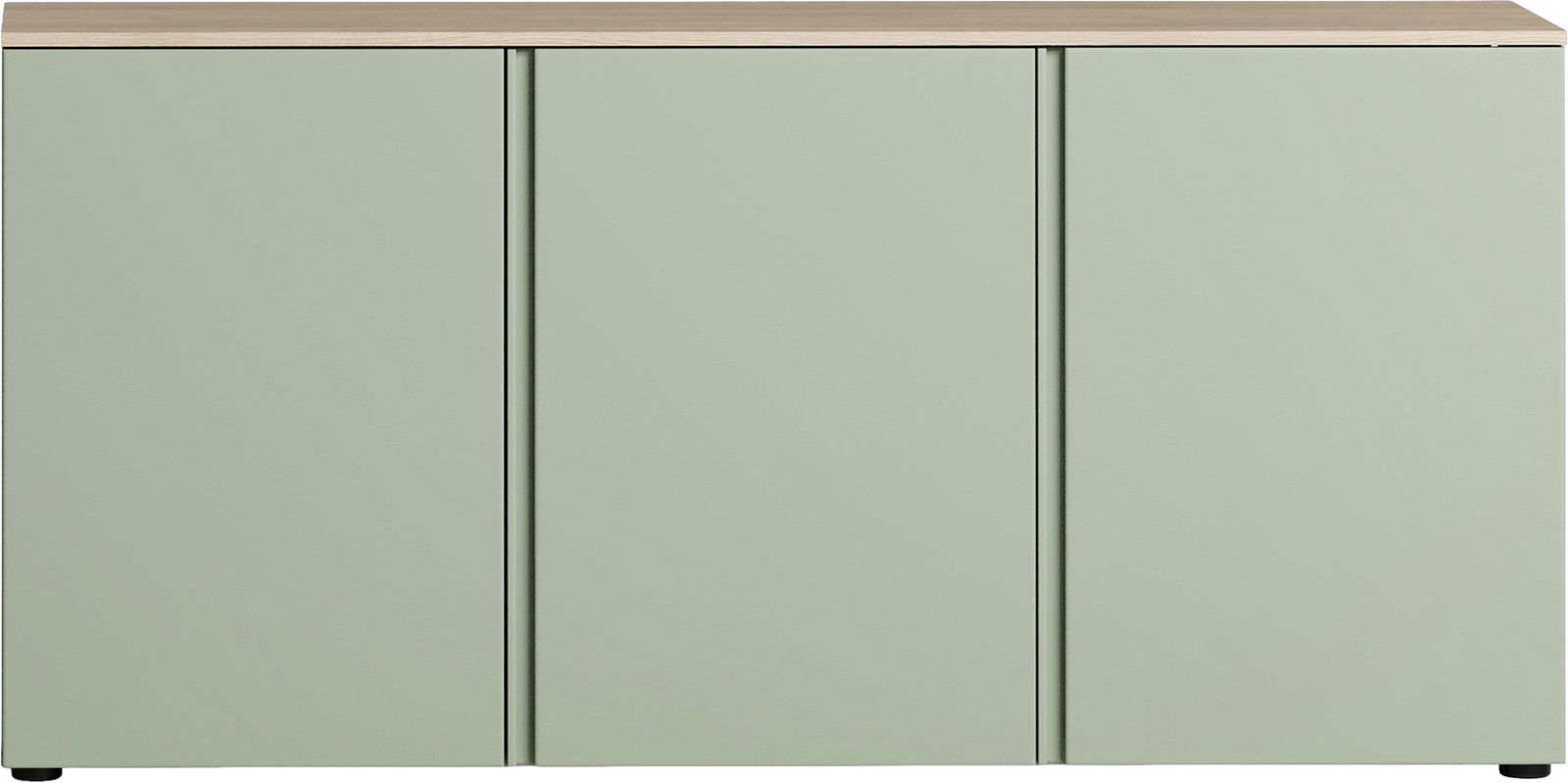 Modernes Sideboard in hellem Grün mit drei Türen, frontal betrachtet.
