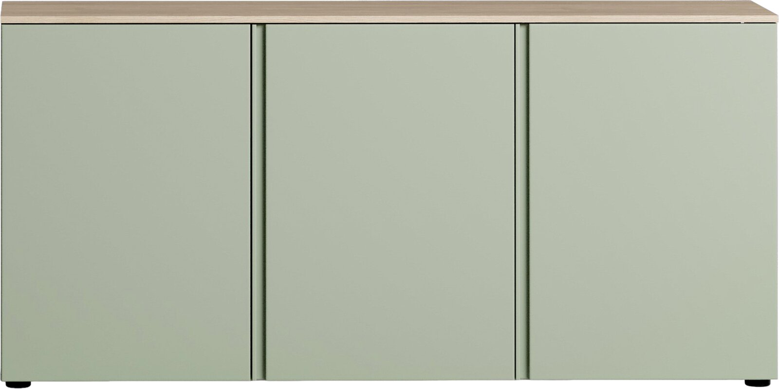 Modernes Sideboard in hellem Grün mit drei Türen, frontal betrachtet.