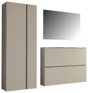 Garderobenset bestehend aus einem hohen Schrank, einem rechteckigen Spiegel und einer Kommode mit zwei Schubladen, frontal betrachtet.