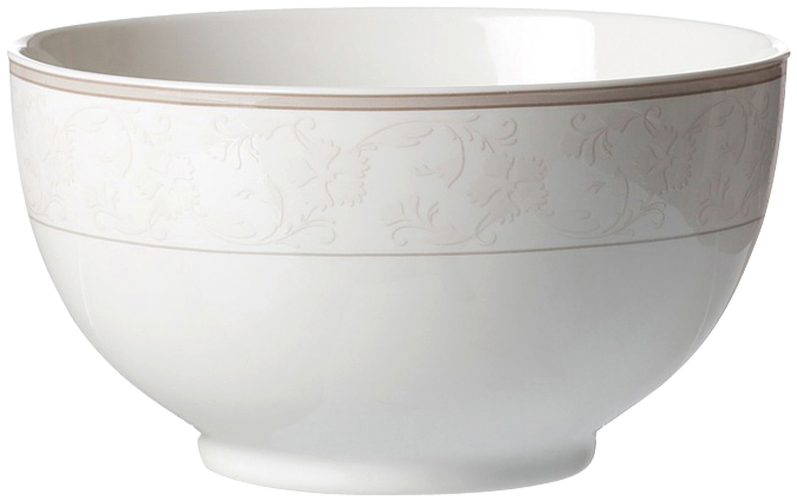 Seitliche Ansicht einer eleganten, weißen Müslischale Isabella mit dezentem floralen Muster am Rand.