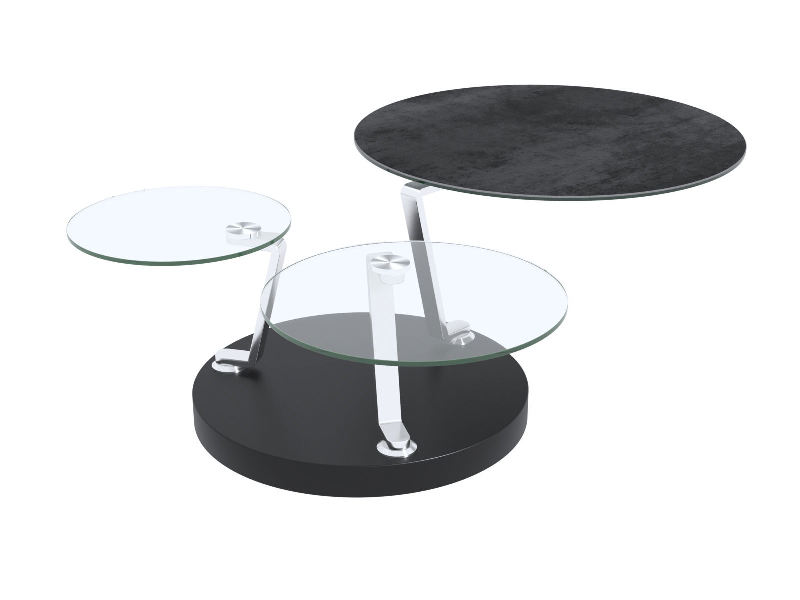 Dieter Knoll Couchtisch NANTES Moderner Couchtisch mit drei runden Glasplatten in verschiedenen Höhen, auf einer schwarzen Basis, aus seitlicher Perspektive.