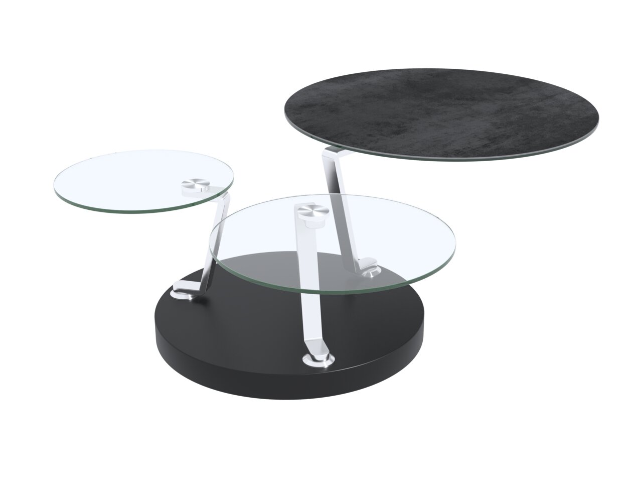 Moderner Couchtisch mit drei runden Glasplatten in verschiedenen Höhen, auf einer schwarzen Basis, aus seitlicher Perspektive.