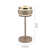 Moderne Akku-Tischleuchte in Seitenansicht, 32 cm hoch, mit einem Durchmesser von 13 cm, in elegantem Design mit Metallakzenten.