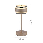 Moderne Akku-Tischleuchte in Seitenansicht, 32 cm hoch, mit einem Durchmesser von 13 cm, in elegantem Design mit Metallakzenten.