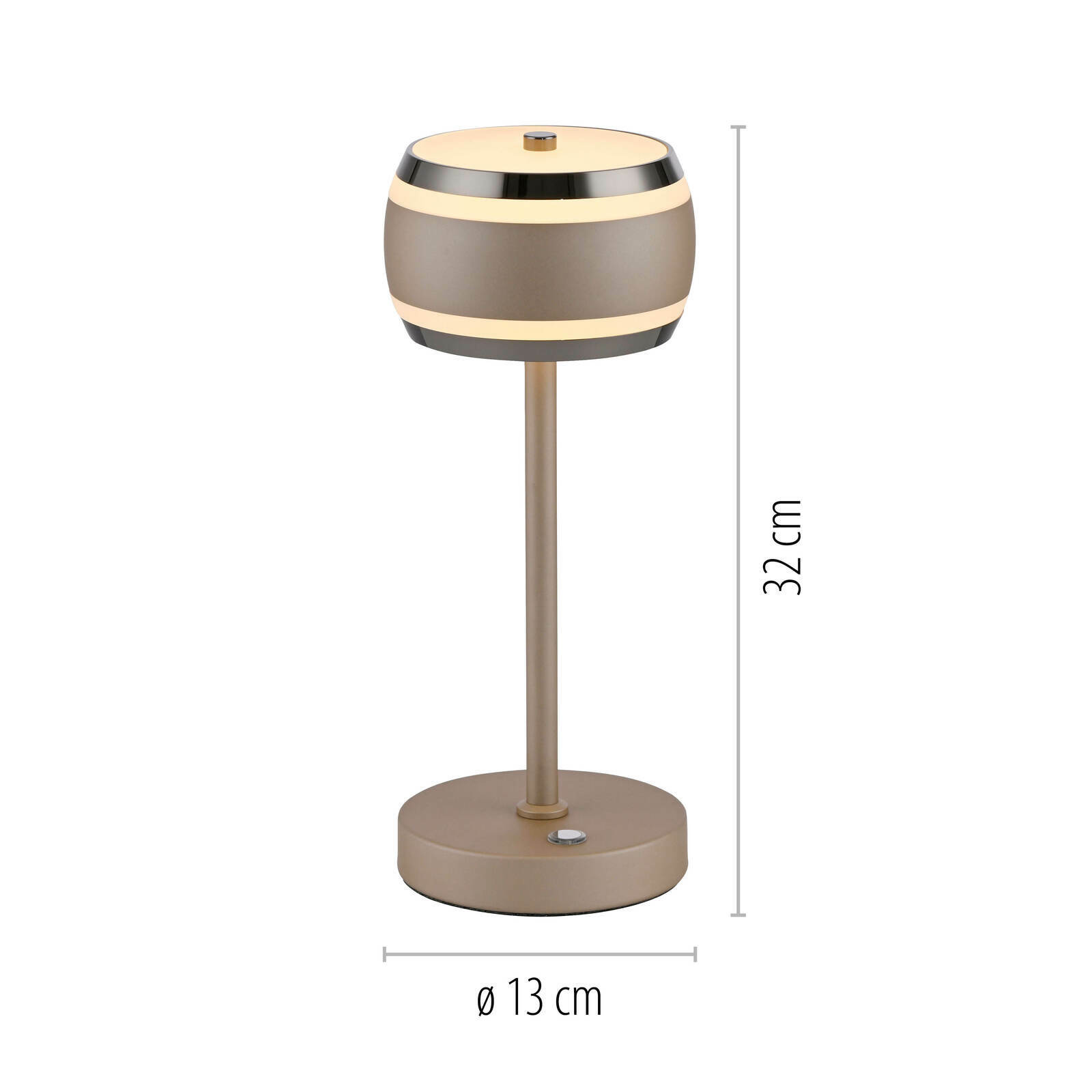 Moderne Akku-Tischleuchte in Seitenansicht, 32 cm hoch, mit einem Durchmesser von 13 cm, in elegantem Design mit Metallakzenten.