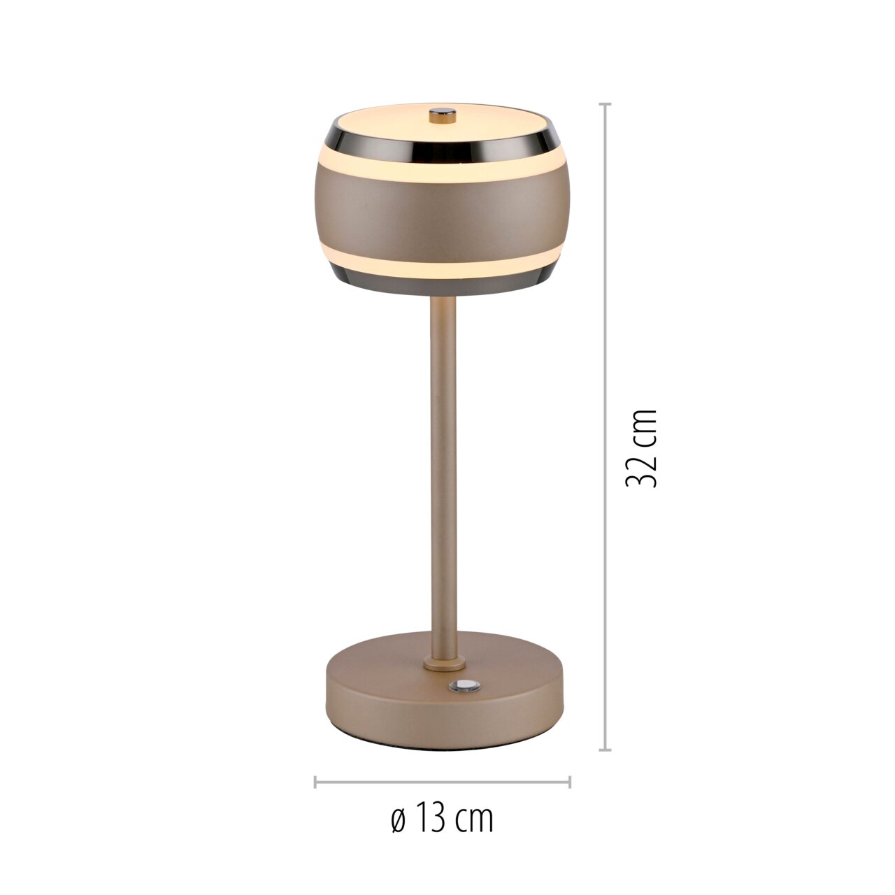 Moderne Akku-Tischleuchte in Seitenansicht, 32 cm hoch, mit einem Durchmesser von 13 cm, in elegantem Design mit Metallakzenten.
