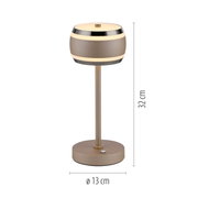 Moderne Akku-Tischleuchte in Seitenansicht, 32 cm hoch, mit einem Durchmesser von 13 cm, in elegantem Design mit Metallakzenten.