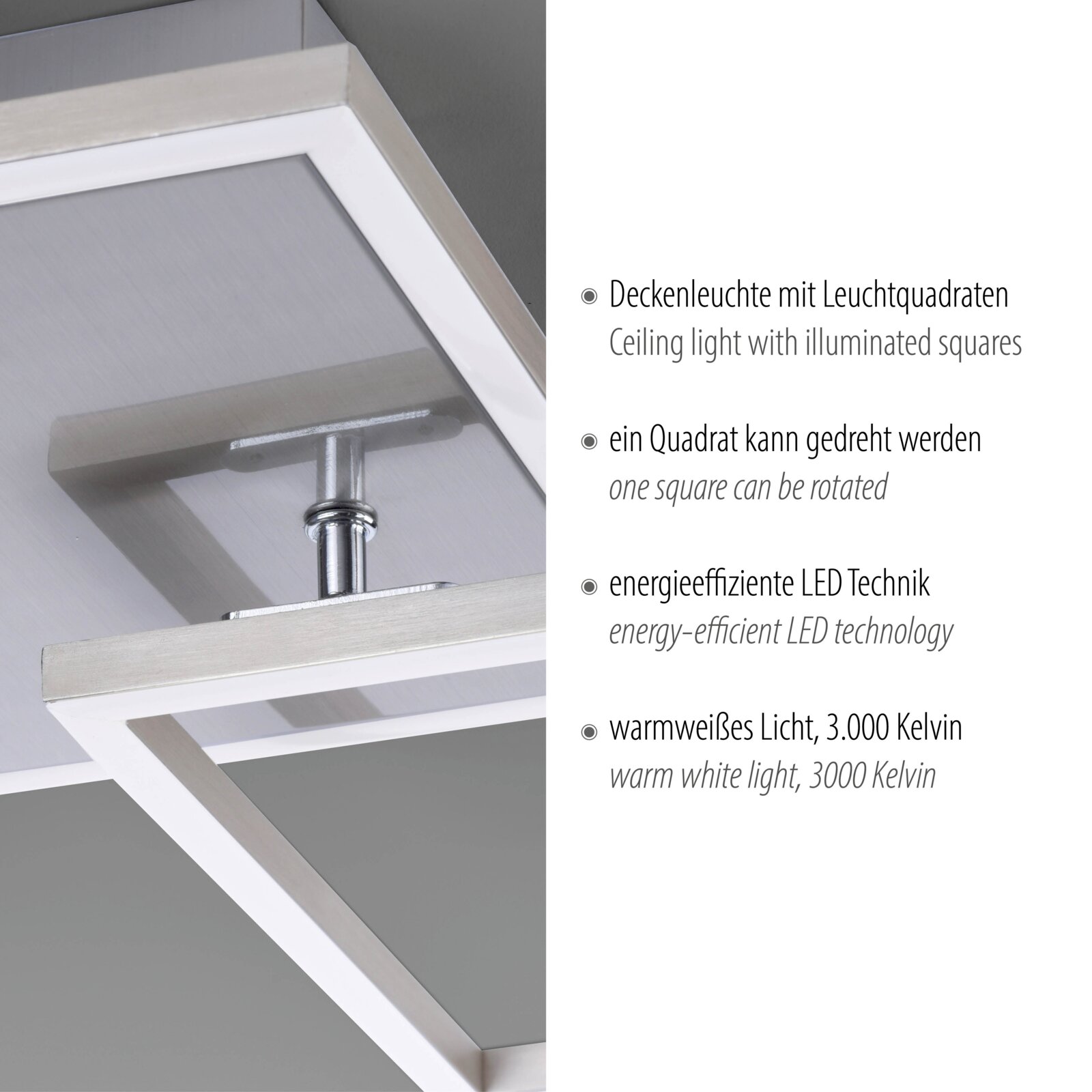 Moderne LED-Deckenleuchte mit zwei beleuchteten Quadratrahmen in Metall-Optik, ein Quadrat drehbar, warmweißes Licht (3000 K), Detailansicht aus schräger Untersicht.