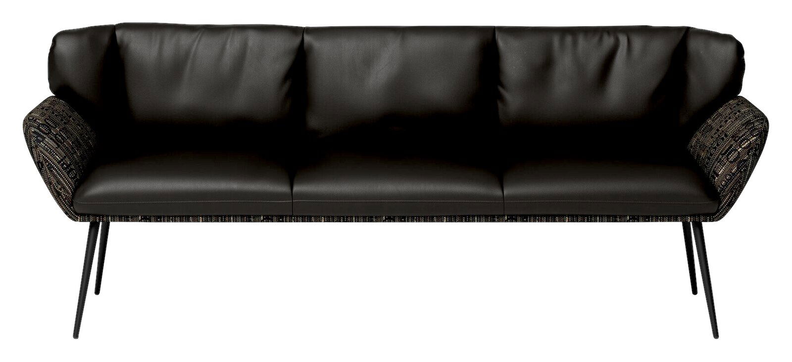 Schwarze Sitzbank mit gepolsterten Kissen und schlanken Metallbeinen, Frontalansicht.