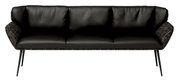 Schwarze Sitzbank mit gepolsterten Kissen und schlanken Metallbeinen, Frontalansicht.