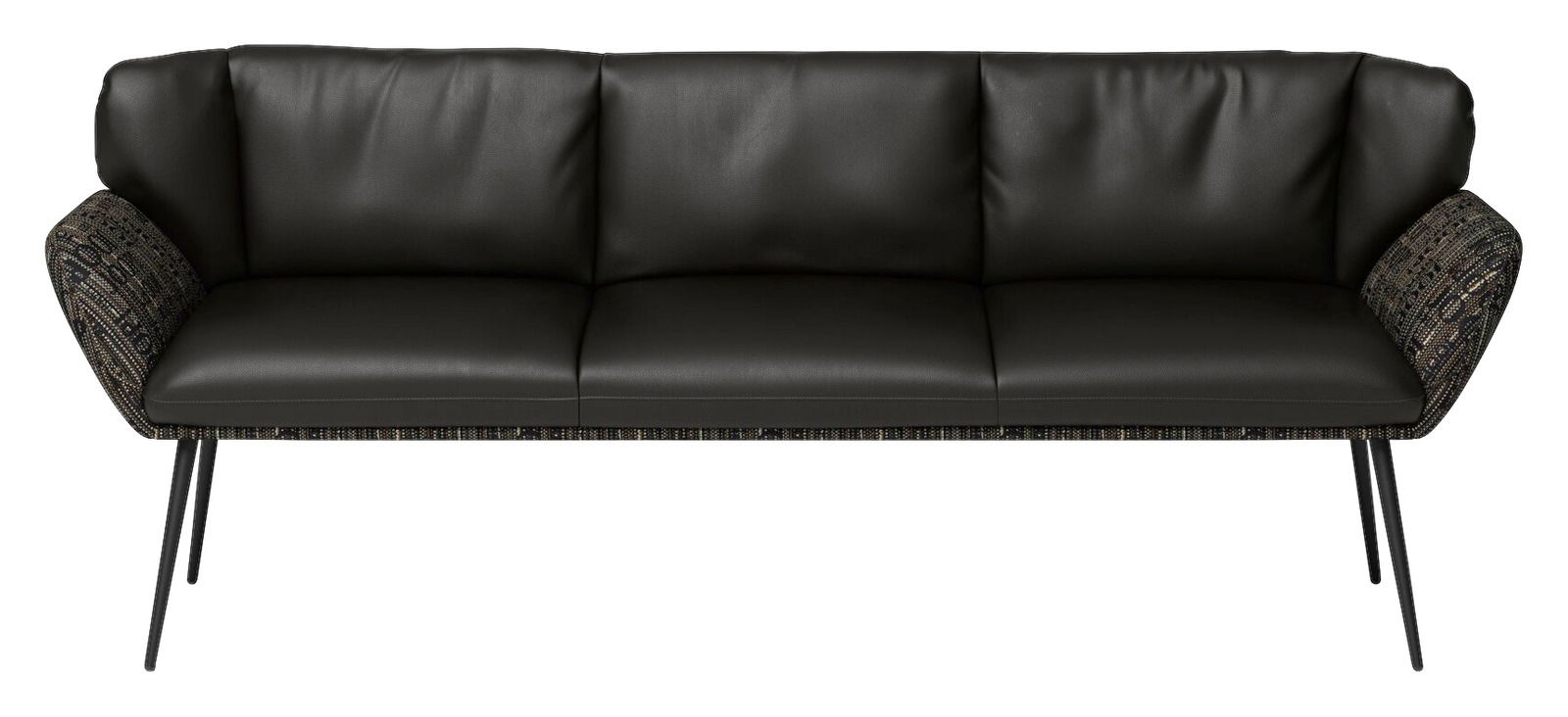 Schwarze Sitzbank mit gepolsterten Kissen und schlanken Metallbeinen, Frontalansicht.