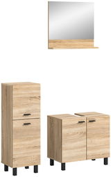 Badkombination aus Holzoptik mit Spiegel, hohem Schrank und Unterschrank, frontal betrachtet