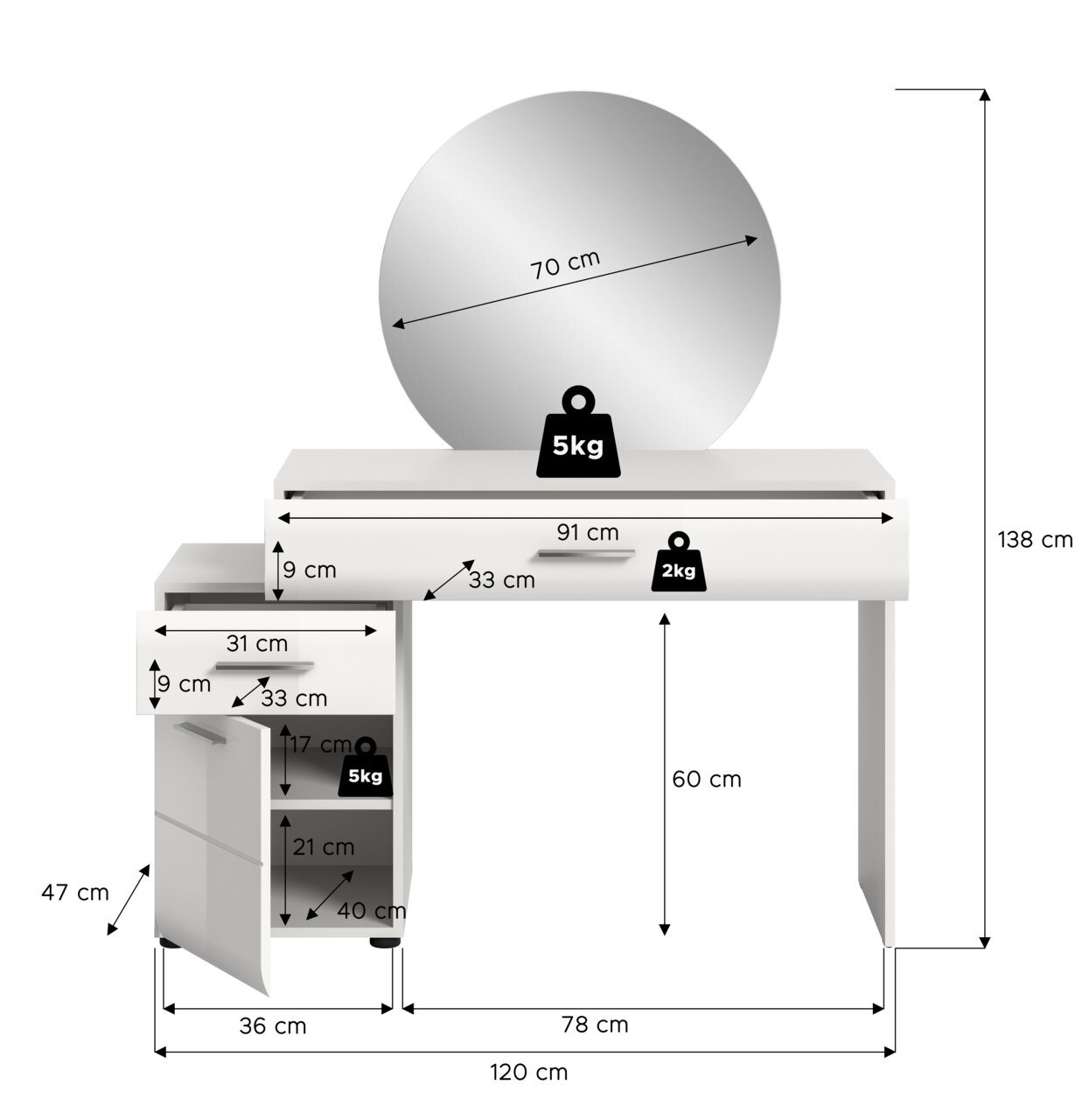 Weißer Schminktisch/Frisiertisch mit rundem Spiegel (Ø 70 cm), Schublade und seitlichem Schrankfach, mit Maßangaben und Belastungsangaben, frontal in leichter Schrägansicht dargestellt.