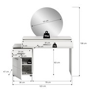 Weißer Schminktisch/Frisiertisch mit rundem Spiegel (Ø 70 cm), Schublade und seitlichem Schrankfach, mit Maßangaben und Belastungsangaben, frontal in leichter Schrägansicht dargestellt.
