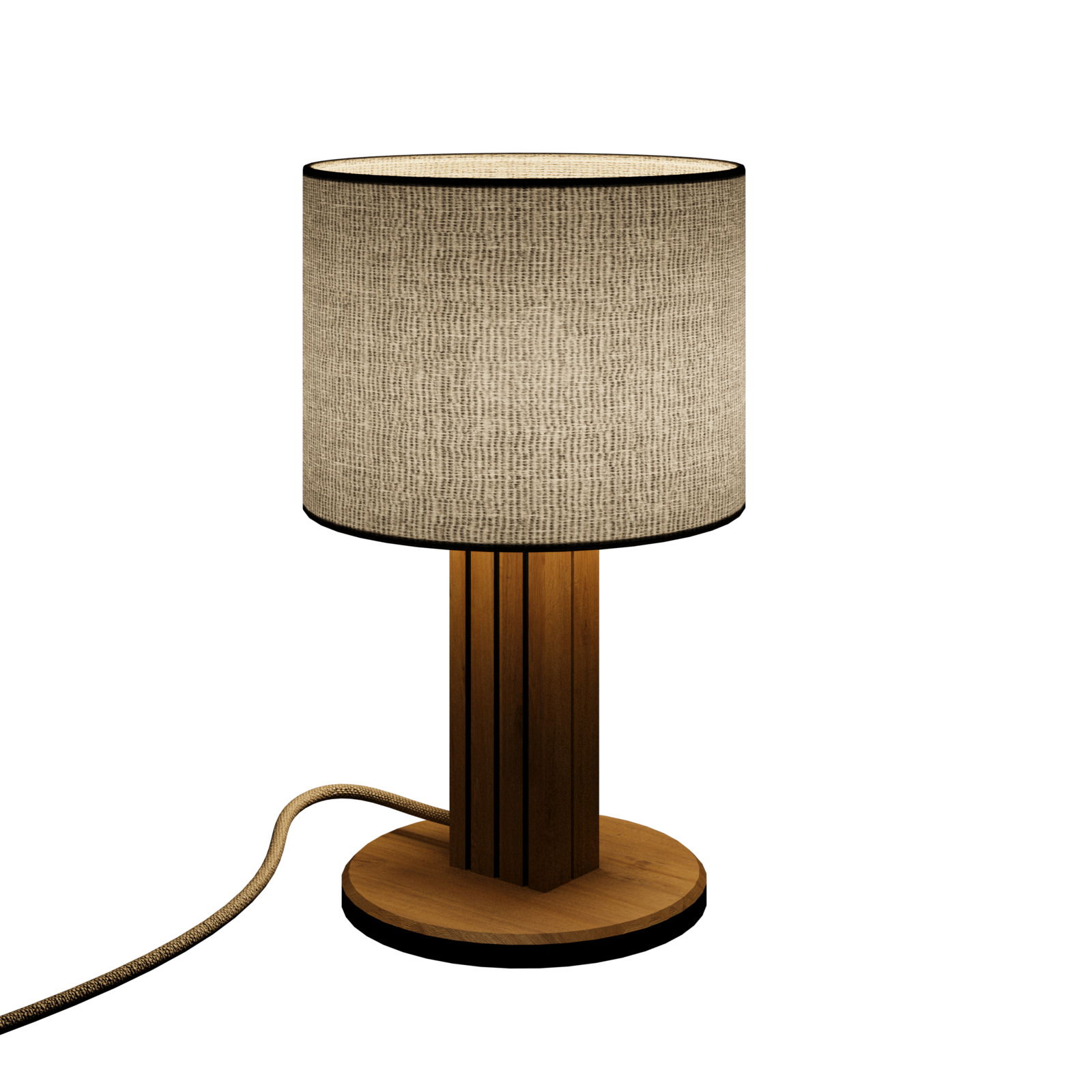 Moderne Tischleuchte mit zylindrischem Stoffschirm und Holzfuß, seitliche Perspektive