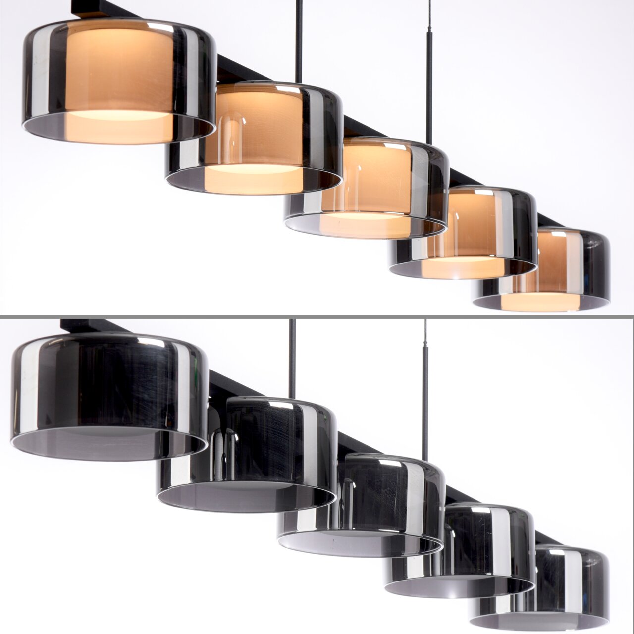 Moderne Pendelleuchte RIKA mit fünf zylindrischen, rauchgrauen Glasschirmen, seitliche Perspektive
