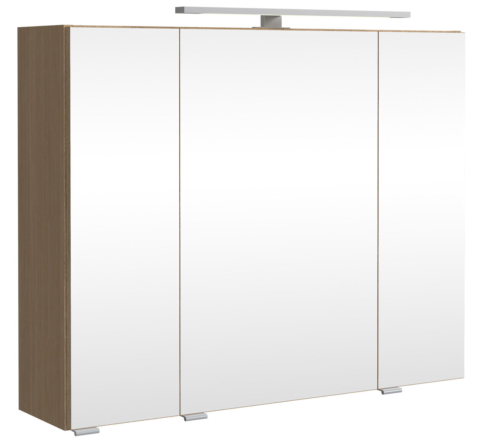 Moderner Spiegelschrank mit drei Türen und Holzseitenansicht, frontal betrachtet.